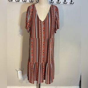 Dex Red and Black Patterned V-Neck Midi Dress